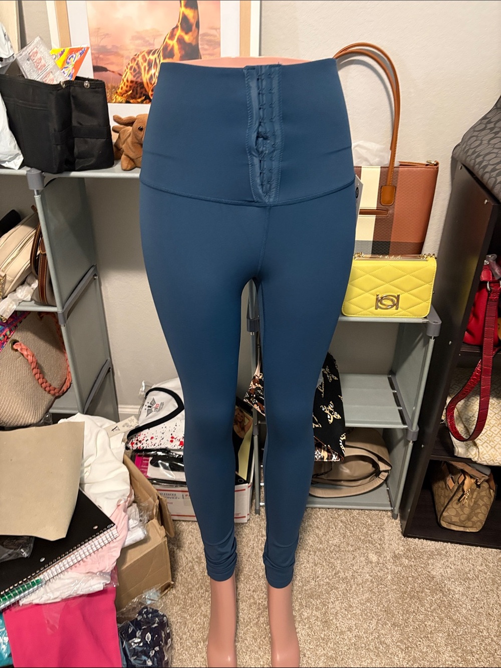 High Waist Hook-and-Eye Leggings in Teal Blue